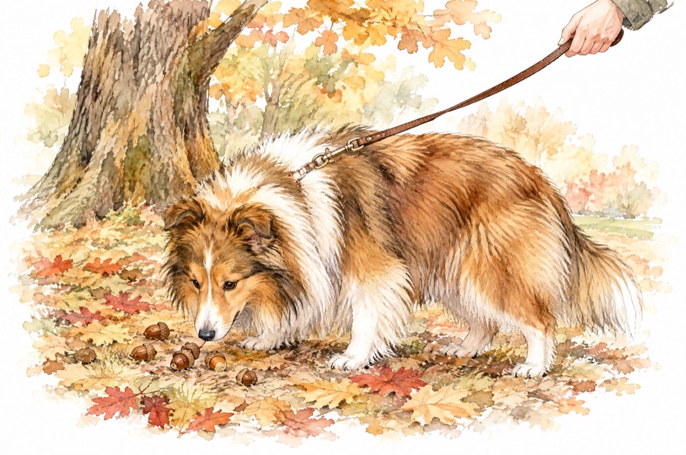 秋の公園で、どんぐりのにおいをかぐシェルティの水彩イラスト