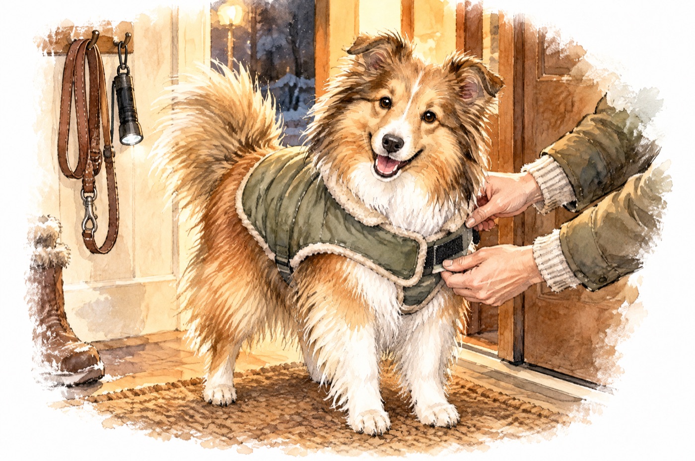 玄関で、お散歩の前に服を着せてもらうシェルティの水彩イラスト