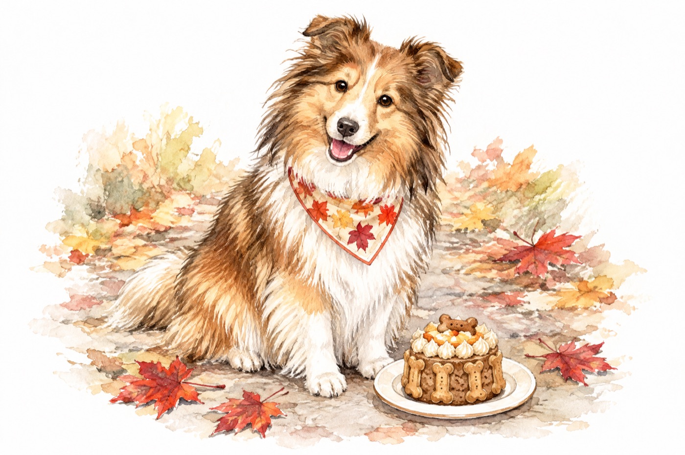 紅葉の道で、バンダナをつけたシェルティが犬用ケーキのそばに座る水彩イラスト
