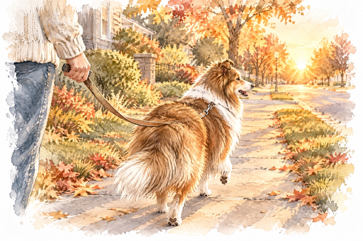 秋の夕方の歩道を、飼い主さんのリードで歩くシェルティを少し後ろから描いた水彩イラスト